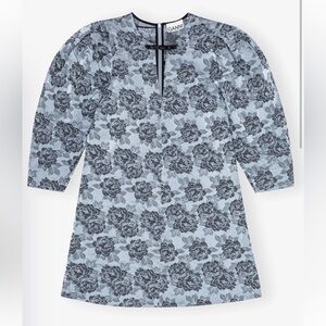 Ganni Blue Floral Jacquard Dress with Black Trim